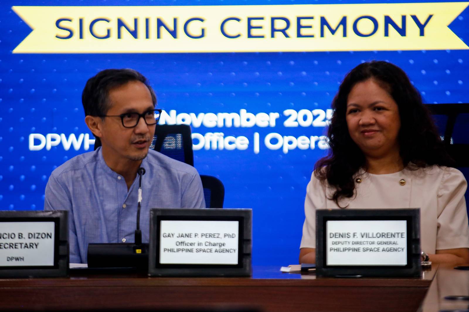 Department of Public Works and Highways Secretary Vince Dizon signs a memorandum of agreement with the Philippine Space Agency, represented by Officer-in-Charge Dr. Gay Jane Perez, at the DPWH Office in Manila on the morning of 03 November 2025. The agreement aims to harness space science and technology and utilize geospatial analytics, historical data, and images in project monitoring.