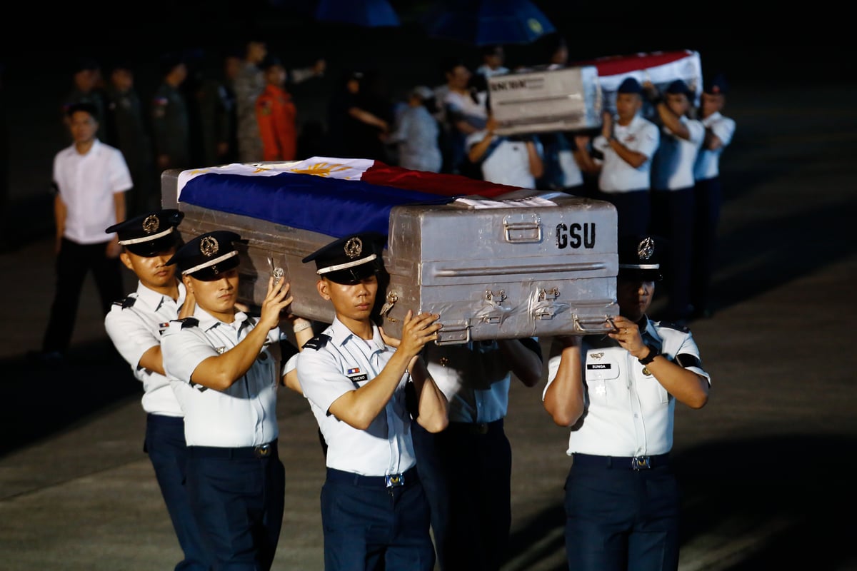Pilots and crew members of PAF Angel 211 arrives at Villamor Air Base