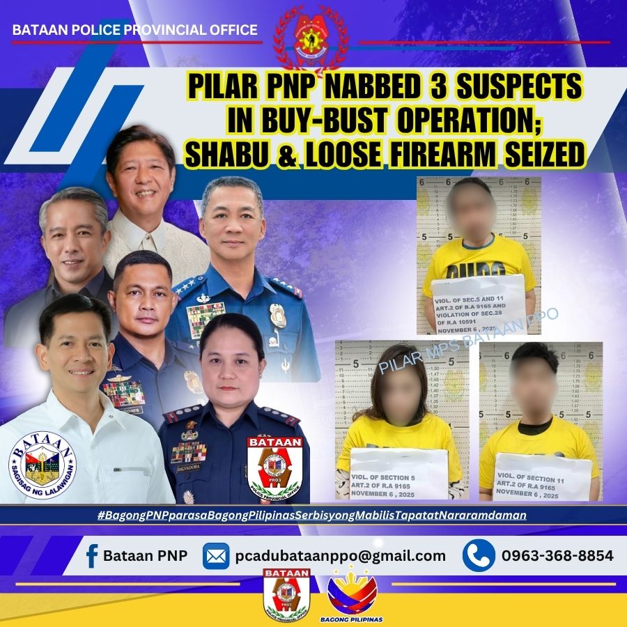Police arrest three, seize drugs and firearm in Bataan