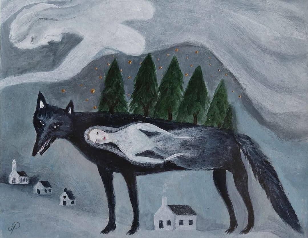 "Wolf Maiden by Full Moon" painting by Pantovola