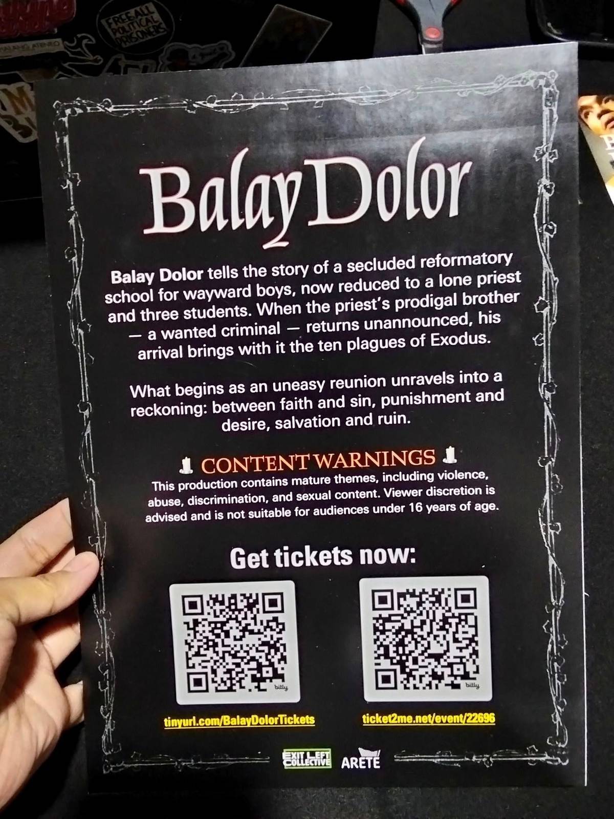 Synopsis, content warnings, and links for ticket purchase of the production.