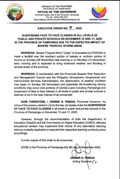 Pampanga suspends classes ahead of Typhoon Uwan