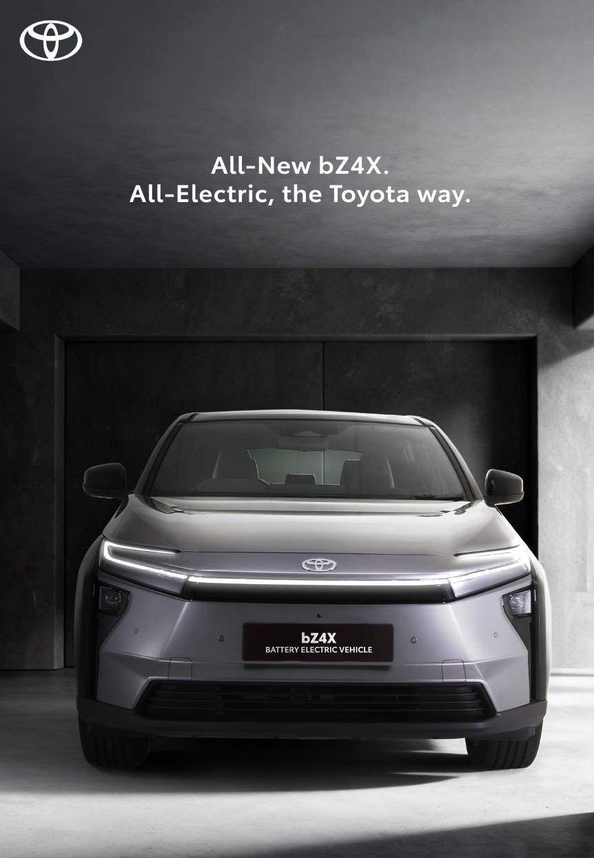 FRONT view of the Toyota bZ4X highlights the brand’s first fully electric SUV built for modern mobility.