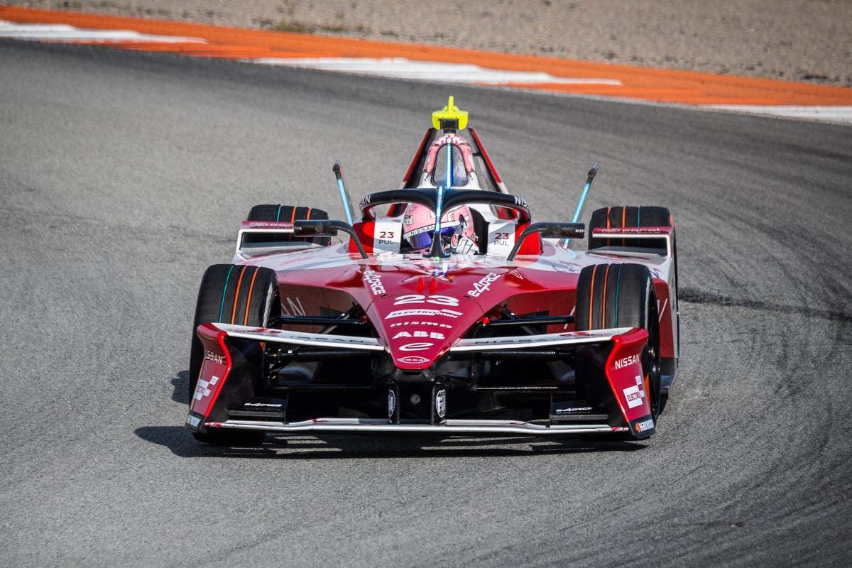 SPEED and control define Pulling’s run as she powers through a corner during the Formula E test.