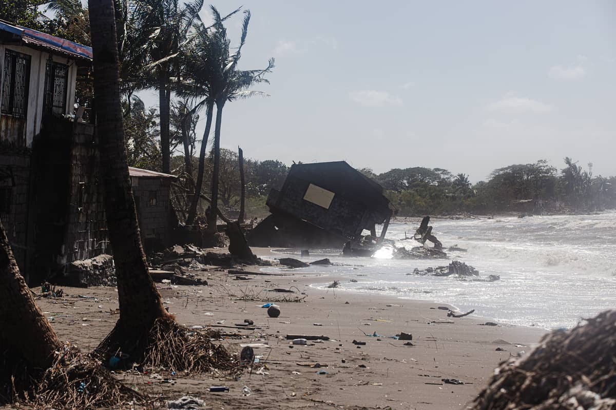 A wrecked house near the shoreline caused by Super Typhoon Uwan in the coastal community of Barangay Julugan 8 in Tanza, Cavite, Tuesday, 11 November 2025.