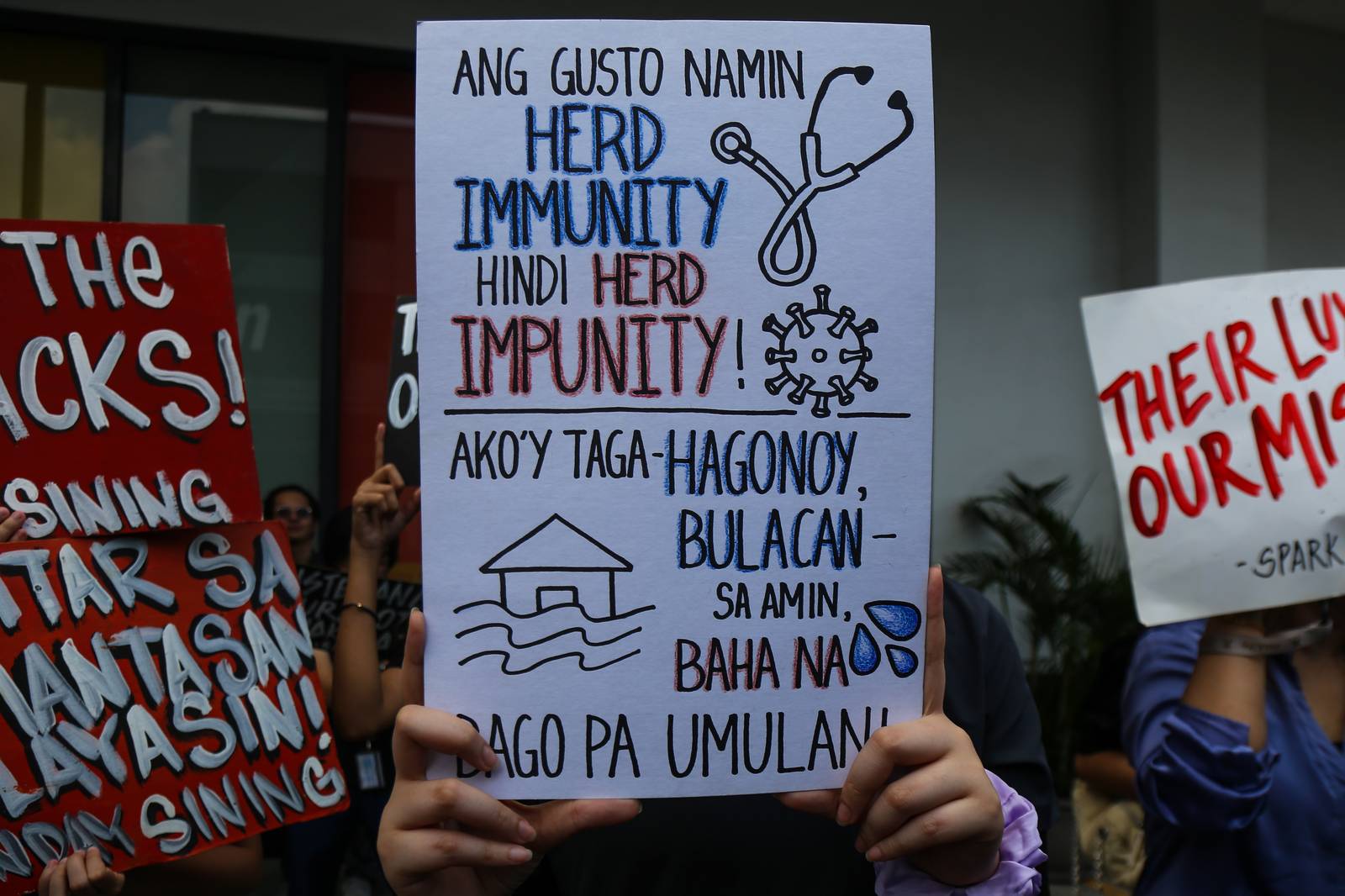 Students from Mapua University in Makati gather outside their campus in Pablo Ocampo Sr. Extension on 13 November 2025 as they call for justice and accountability from all officials and contractors involved in corruption.