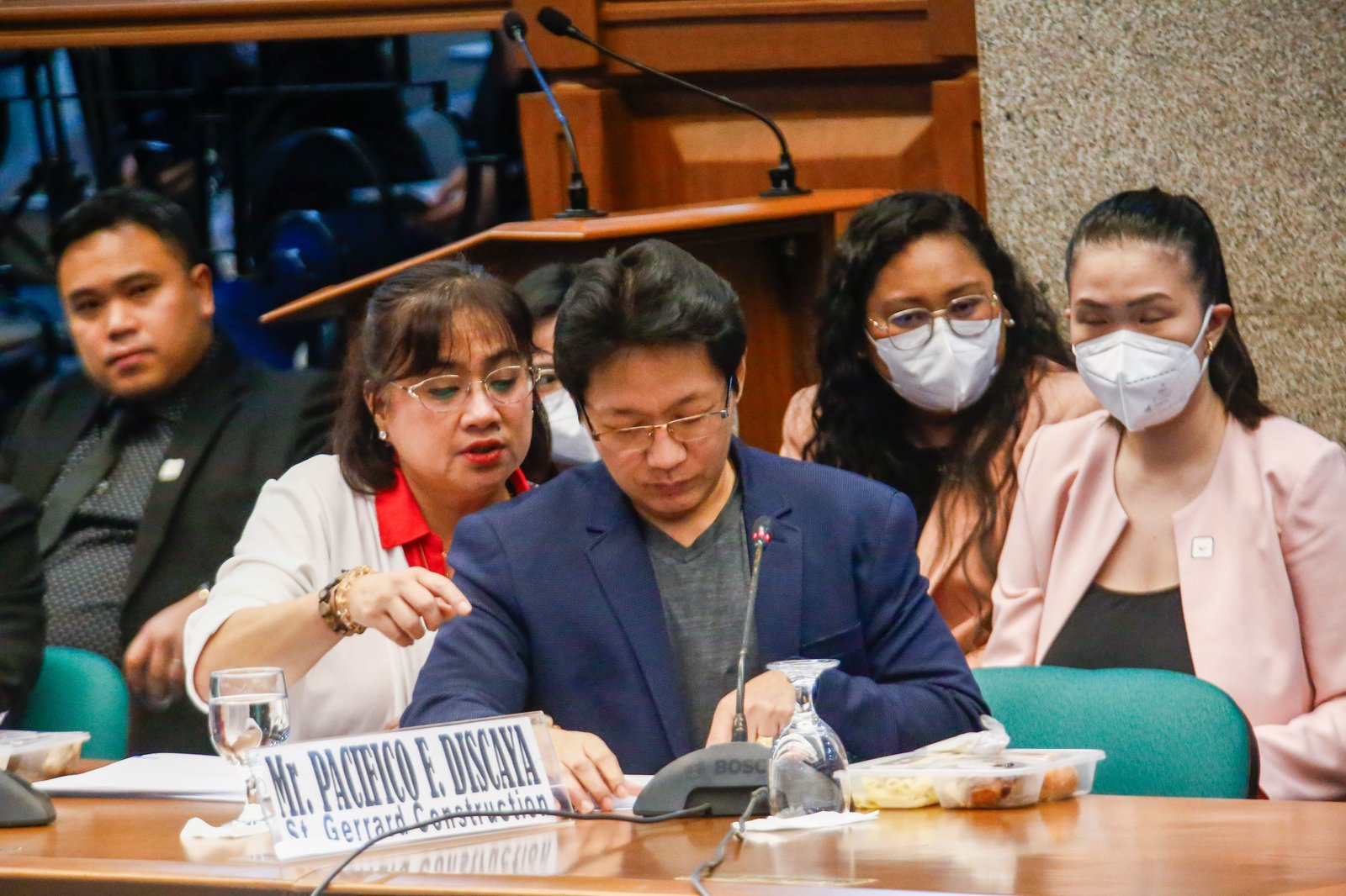 Pacifico and Cezarah Discaya return to the Senate Blue Ribbon Committee hearing after being allowed earlier in the day to retrieve the controversial ledger said to contain names, dates, and amounts allegedly received by House lawmakers and DPWH officials linked to the flood control scandal.