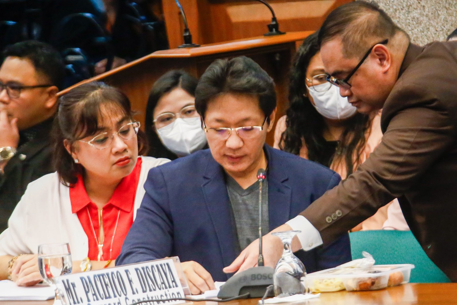 Pacifico and Cezarah Discaya return to the Senate Blue Ribbon Committee hearing after being allowed earlier in the day to retrieve the controversial ledger said to contain names, dates, and amounts allegedly received by House lawmakers and DPWH officials linked to the flood control scandal.