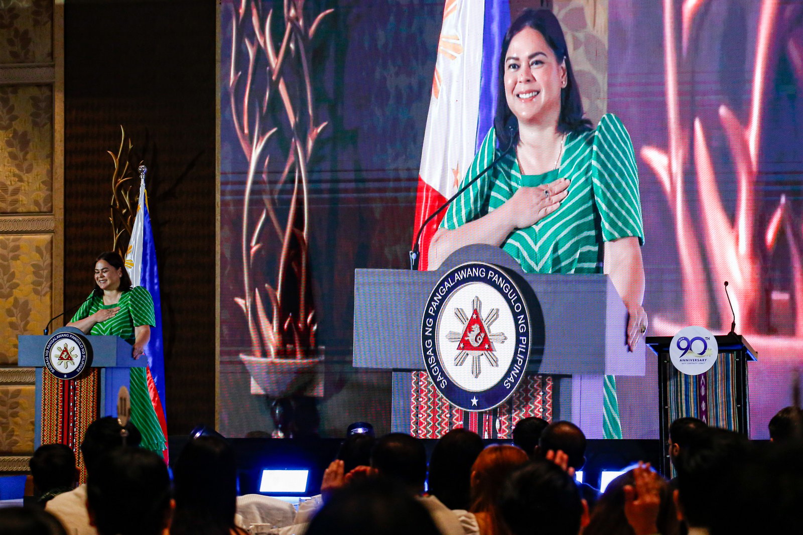 Vice President Sara Duterte leads the 90th anniversary celebration of the Office of the Vice President at the Shangri-La Hotel in Makati City on November 14, 2025. The event also marked the launch of a coffee table book highlighting the contributions of past and present vice presidents of the Philippines.