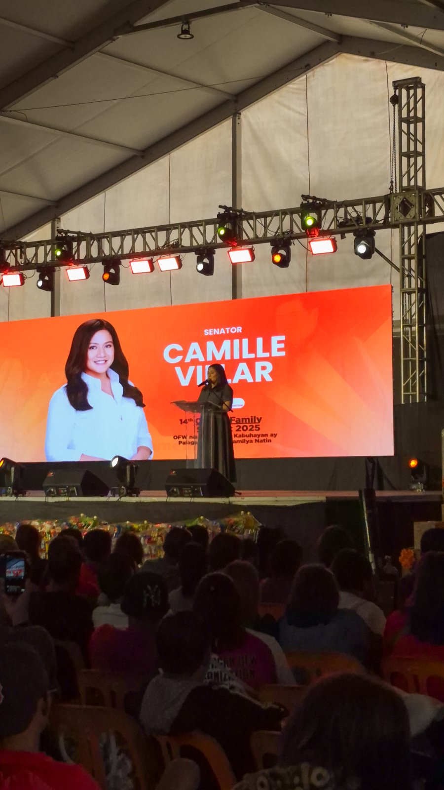 Camille Villar during her welcoming remarks at the 14th OFW and Family Summit at the Tent in the Villar Sipag Center, Las Pinas City