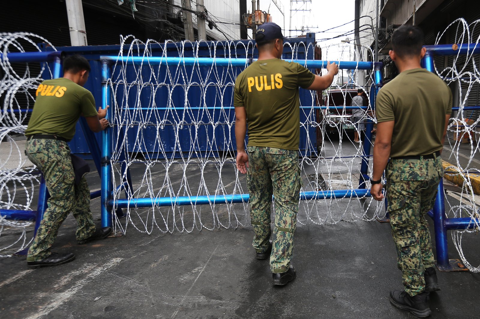 Police personnel install razor wires, concrete barriers, and container vans in various streets leading towards Malacañang compound in Manila on 15 November 2025, in preparation for the upcoming anti-corruption protests.

The following streets, General Solano, Nicanor Padilla, Arlegui, and Mendiola, are no longer accessible to motorists.