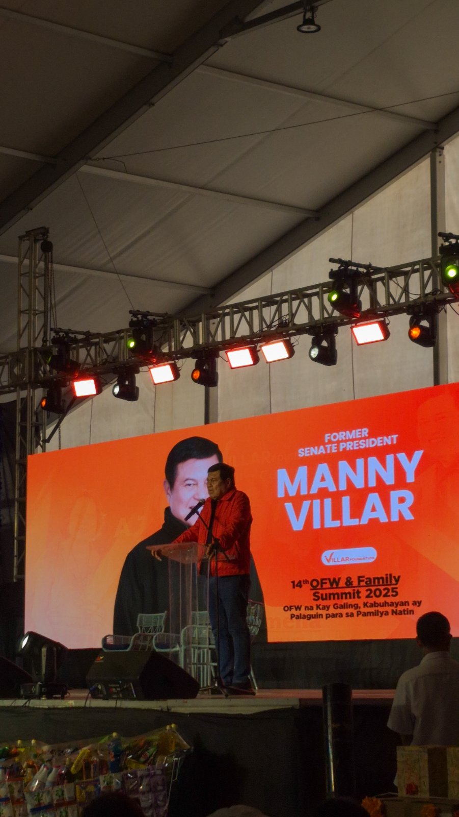 Manny Villar during his speech at the 14th OFW and Family Summit at the Tent in the Villar Sipag Center, Las Pinas City