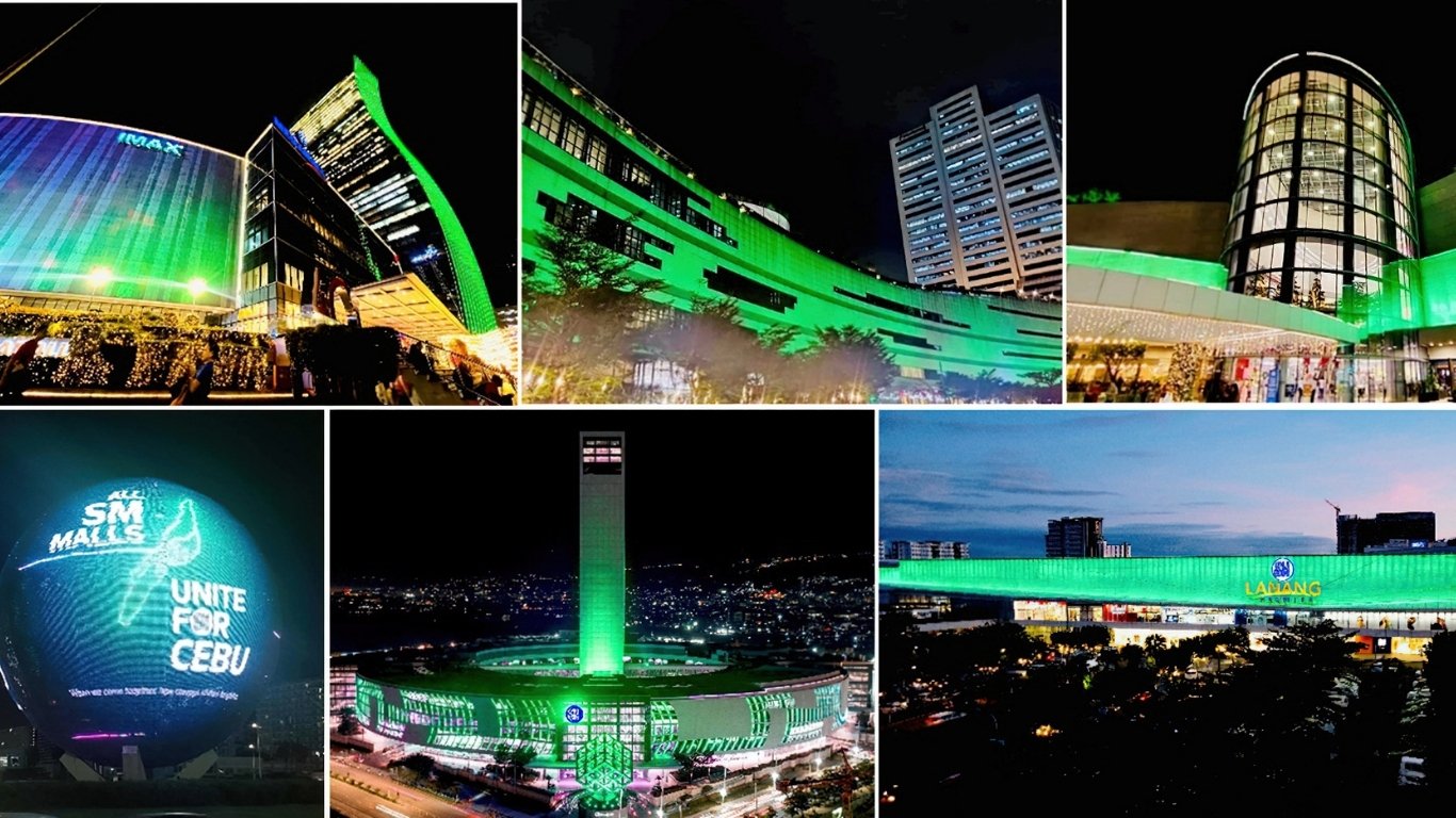 SM Supermalls shows solidarity nationwide for Cebu’s recovery: SM Aura, SM Megamall, SM Mall of Asia with the Mall of Asia Globe, SM Seaside Cebu, and SM Lanang light up its facades in a distinct green hue for hope.