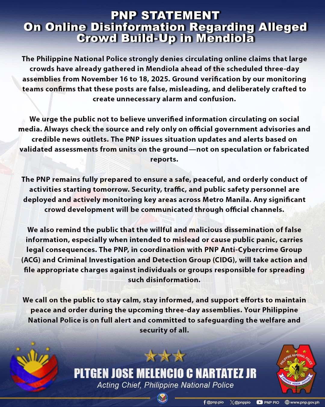 PNP intensifies cyber patrols, cites false posts amid INC assemblies