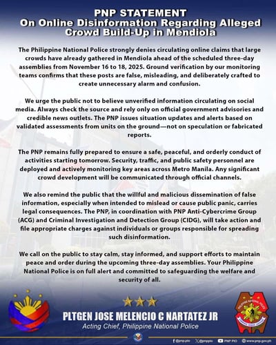 PNP intensifies cyber patrols, cites false posts amid INC assemblies