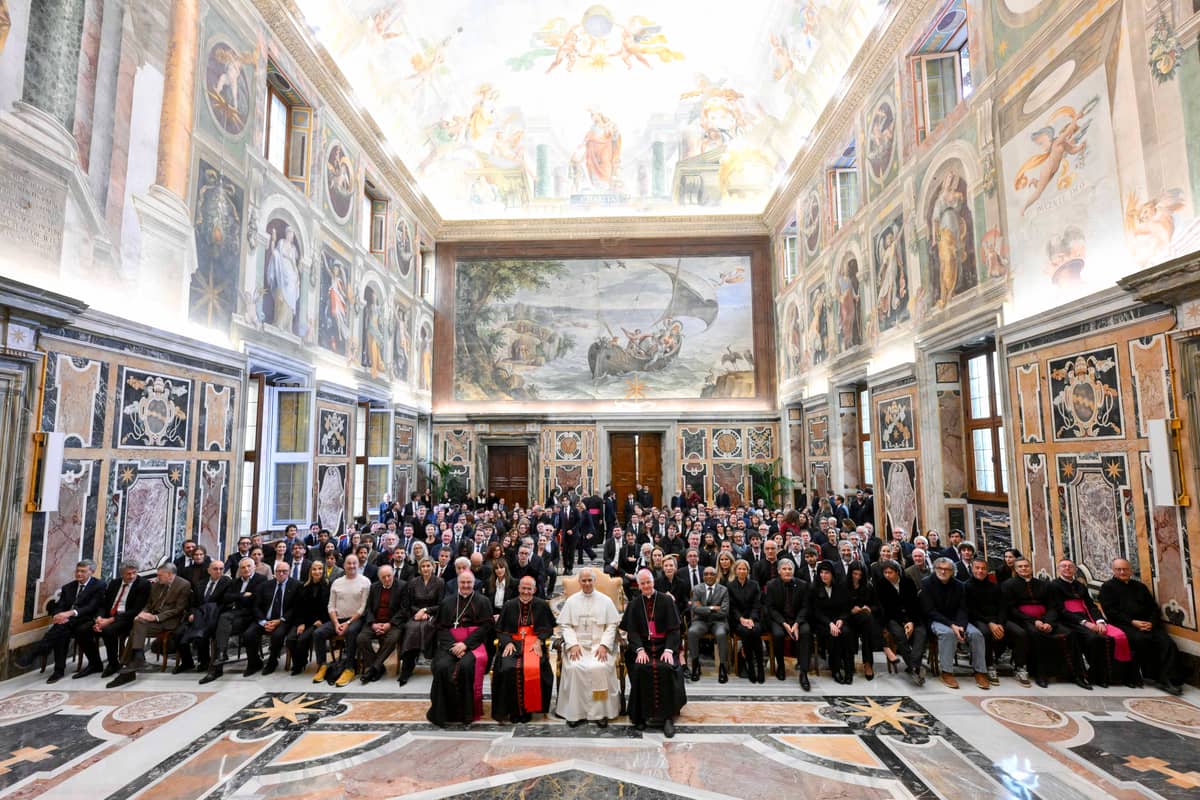 The Vatican Media shows Pope Leo XIV during an audience with artists from the world of cinema in The Vatican.
