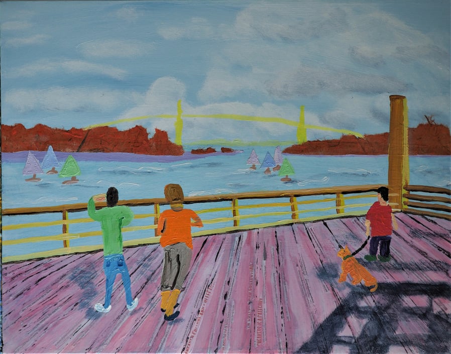 ‘AMBLESIDE Pier,’ mixed media, acrylic on canvas, 22” x 28,” 2024.