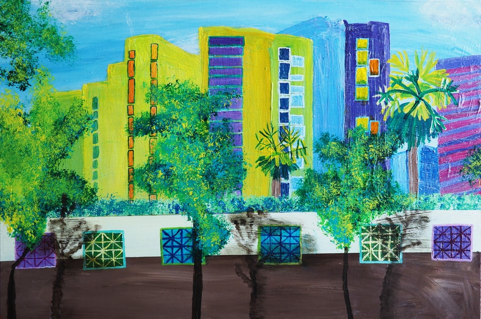 ‘MY old home in Salcedo place,’ acrylic on canvas, 24” x 36,” 2024.