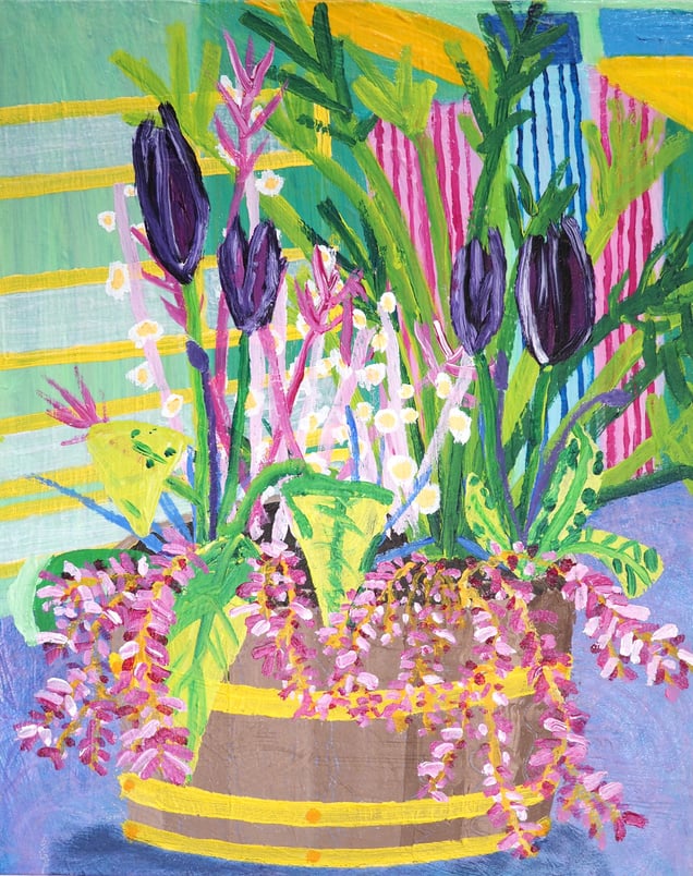 ‘SPRING blooms in Granville Island,’ acrylic on canvas, 20” x 16,” 2024.