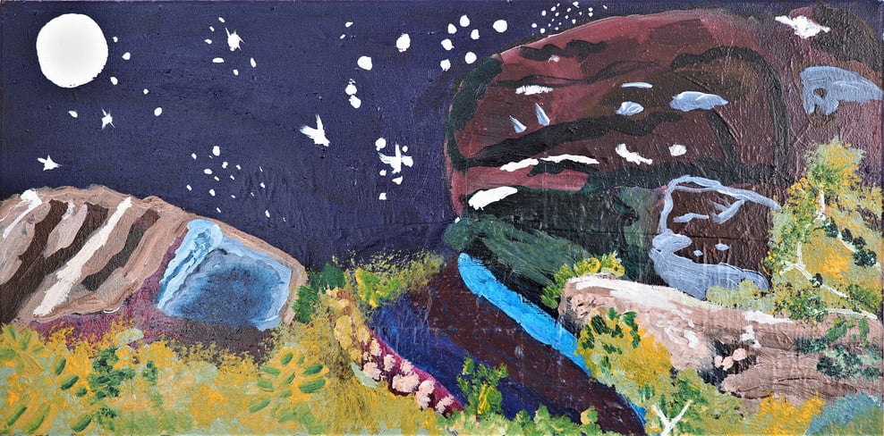 ‘TWILIGHT Mountains,’ acrylic on canvas, 12” x 24”, 2020.