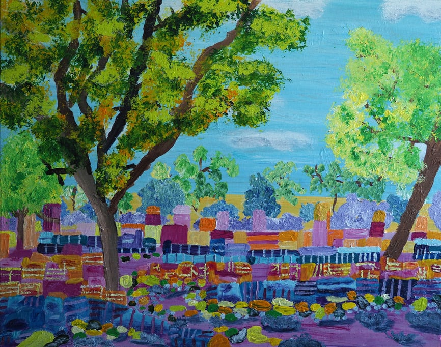‘ANCIENT temples in Kalamata,’ acrylic on canvas, 28” x 28,” 2024.