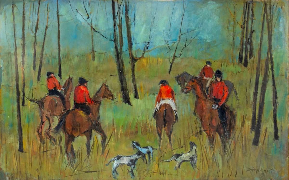 OSCAR Zalameda (1930 - 2010), ‘La chasse’, ESTIMATE, P950,000 - 1,200,000, Signed (lower right) and undated (c. 1960s), Oil on board 67 x 107 cm (26 1/2 x 42 in)