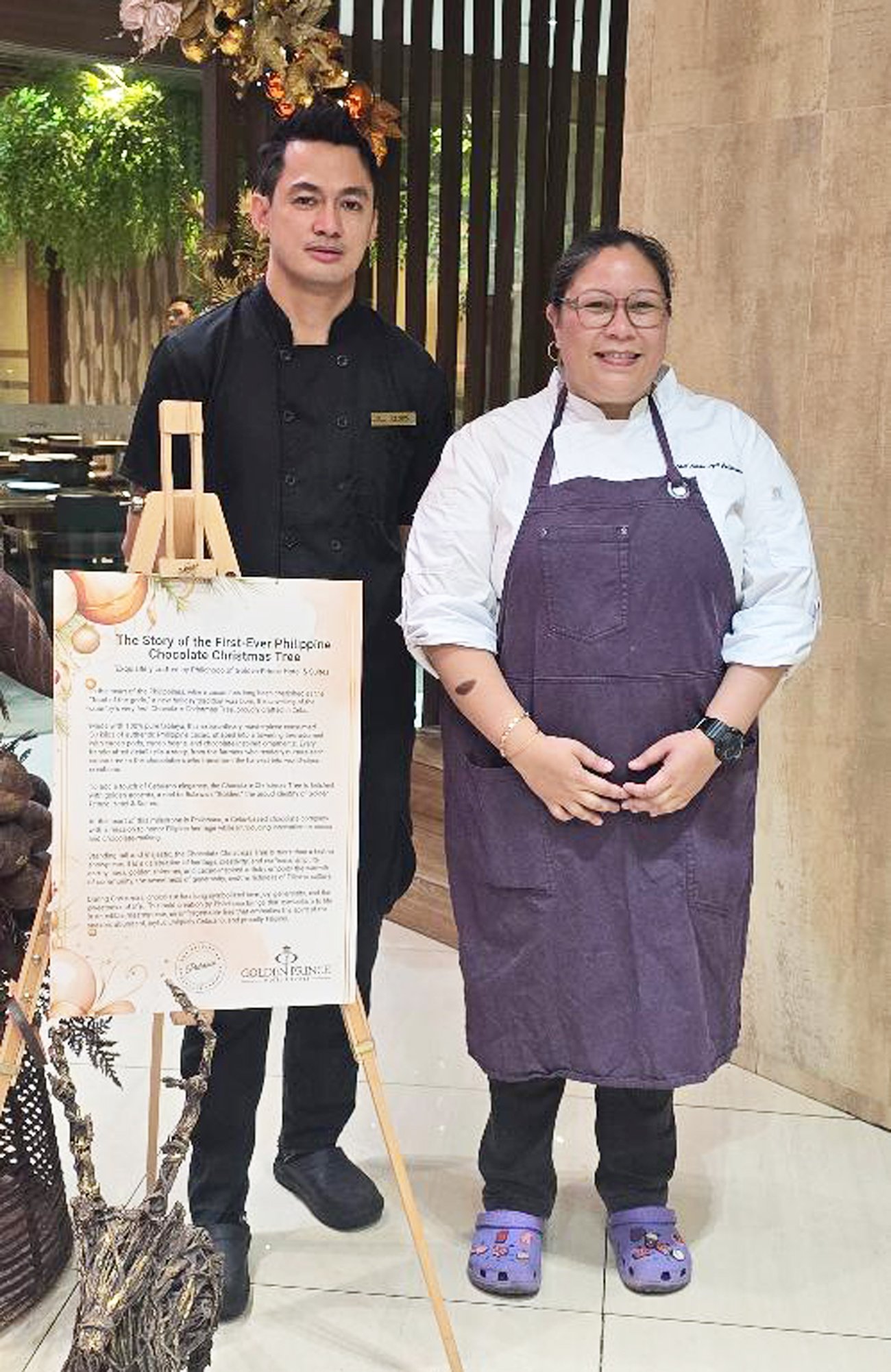 The makers of the chocolate Christmas trees, Chefs Lloyd Lopez Ybañez and Aisha Iryll Quintana.