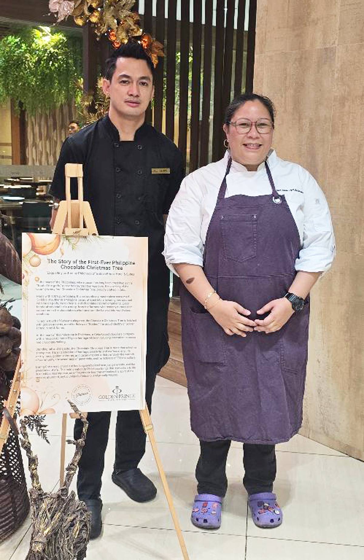 The makers of the chocolate Christmas trees, Chefs Lloyd Lopez Ybañez and Aisha Iryll Quintana.