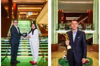 Left photo: Grand Hyatt Manila Director of Sales and Marketing Eugene Tamesis receives the Best Business Hotel – Manila Award from Business Traveller Asia Pacific Partnership Lead Keh An Famatiga.
Right photo: Roger Habermacher, General Manager of Grand Hyatt Manila, proudly holds the TTG Travel Awards trophy with the accolade for Best Hotel – Manila. The ceremony was held in September at Bangkok, Thailand.