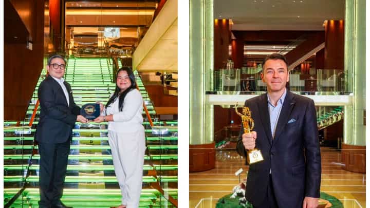 Left photo: Grand Hyatt Manila Director of Sales and Marketing Eugene Tamesis receives the Best Business Hotel – Manila Award from Business Traveller Asia Pacific Partnership Lead Keh An Famatiga.
Right photo: Roger Habermacher, General Manager of Grand Hyatt Manila, proudly holds the TTG Travel Awards trophy with the accolade for Best Hotel – Manila. The ceremony was held in September at Bangkok, Thailand.