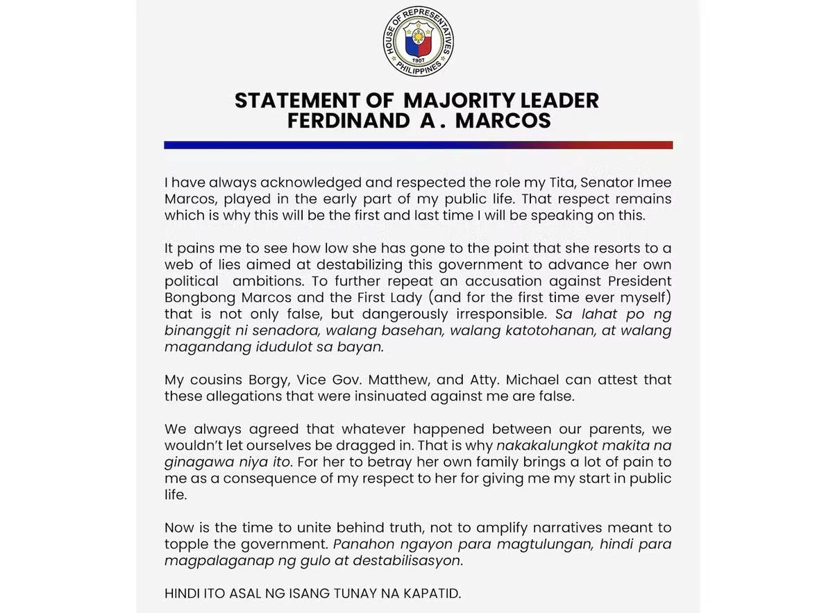 House Majority Leader Sandro Marcos has issued a statement denying allegations by his aunt, Sen. Imee Marcos.