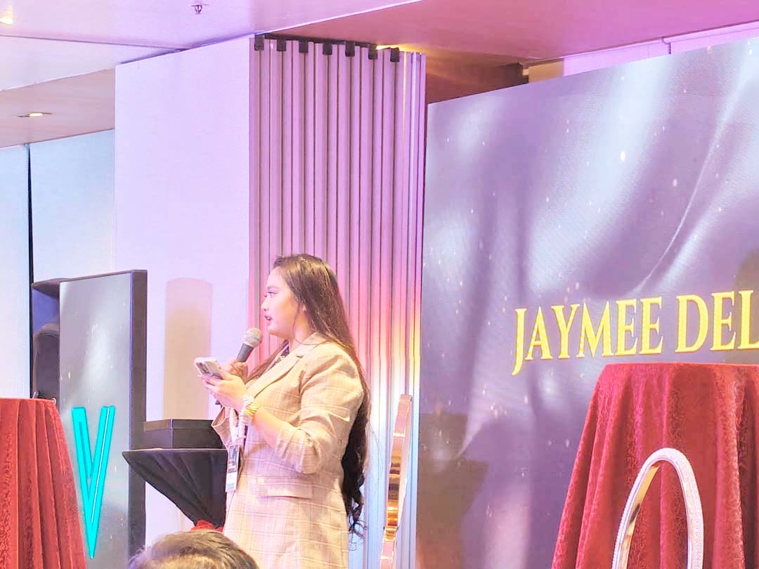 JAYMEE dela Rosa, president of Velza Global, delivers her message during the program.