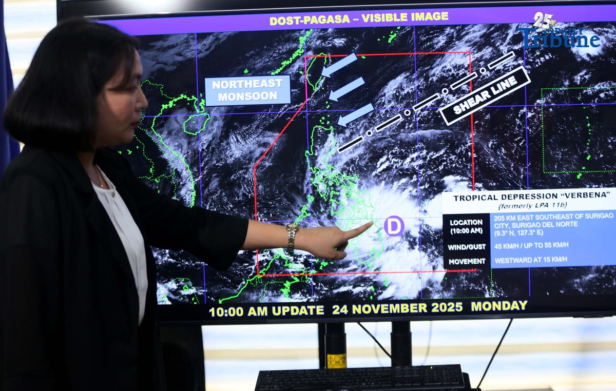 (November 24 2025) Philippine Atmospheric Geophysical and Astronomical Service Adminis (DOST-PAGASA) weather Specialist Grace Castañeda give an update of the Tropical Depression Verbena during the press-conference held at PAGASA office in Quezon City on Monday November 24 2025. The center of TD Verbena was estimated based on all available data at 205 km East Southeast of Surigao City, Surigao Del Norte, with maximum sustained winds of 45 km/h near center gustiness of up to 55km/h. Photo/Analy Labor