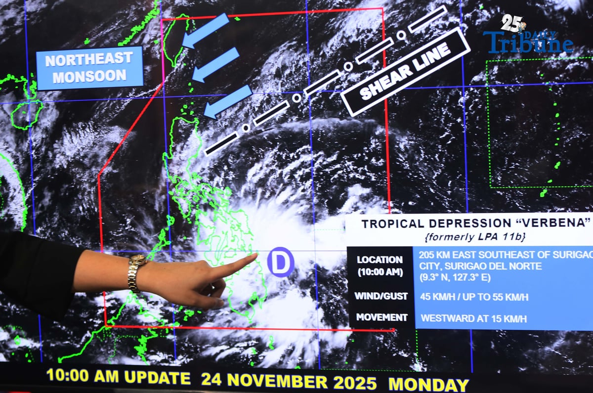 (November 24 2025) Philippine Atmospheric Geophysical and Astronomical Service Adminis (DOST-PAGASA) weather Specialist Grace Castañeda give an update of the Tropical Depression Verbena during the press-conference held at PAGASA office in Quezon City on Monday November 24 2025. The center of TD Verbena was estimated based on all available data at 205 km East Southeast of Surigao City, Surigao Del Norte, with maximum sustained winds of 45 km/h near center gustiness of up to 55km/h. Photo/Analy Labor