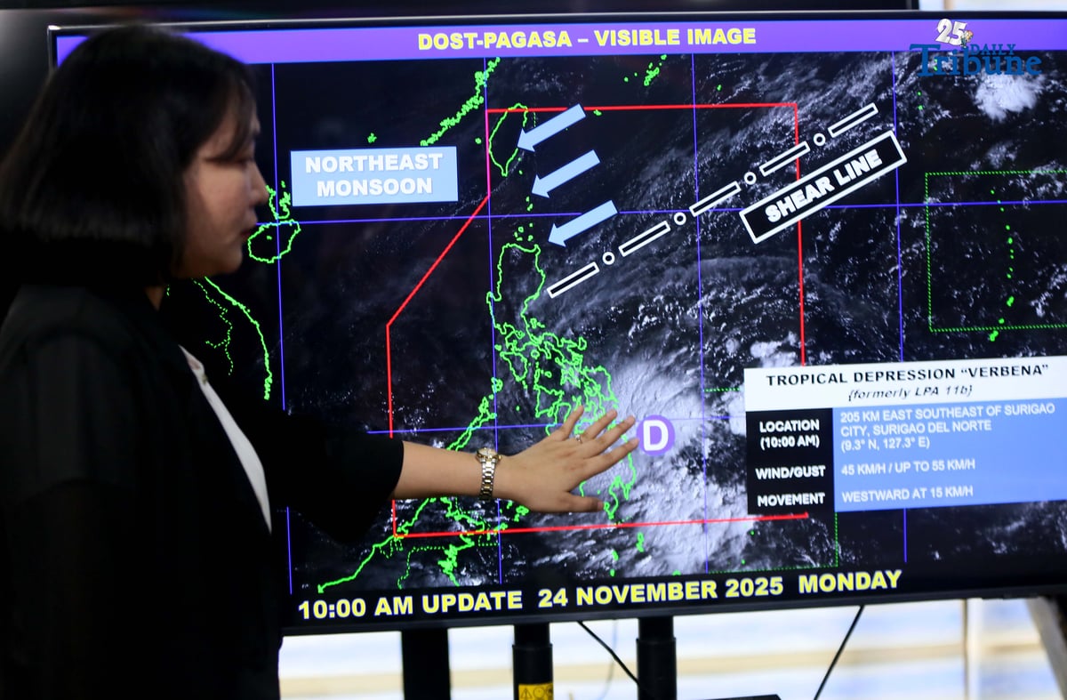 (November 24 2025) Philippine Atmospheric Geophysical and Astronomical Service Adminis (DOST-PAGASA) weather Specialist Grace Castañeda give an update of the Tropical Depression Verbena during the press-conference held at PAGASA office in Quezon City on Monday November 24 2025. The center of TD Verbena was estimated based on all available data at 205 km East Southeast of Surigao City, Surigao Del Norte, with maximum sustained winds of 45 km/h near center gustiness of up to 55km/h. Photo/Analy Labor