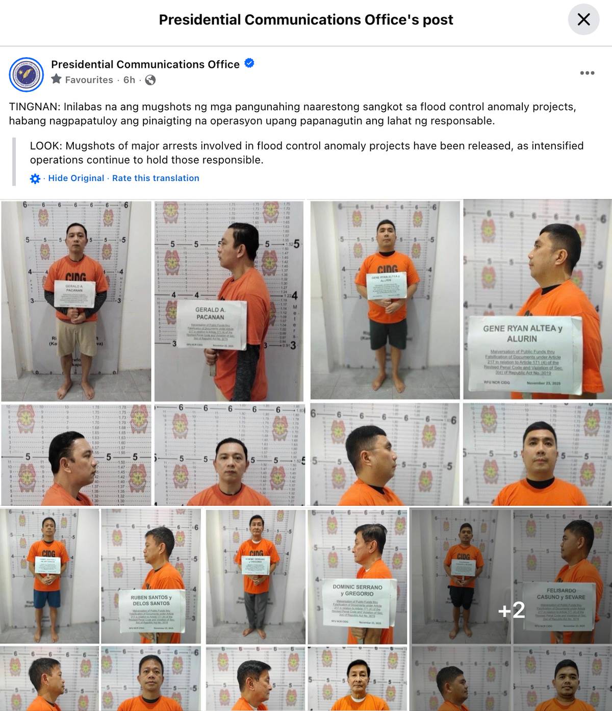 The Presidential Communications Office released the mugshots of the first batch of arrests allegedly involved in the flood control corruption scandal.