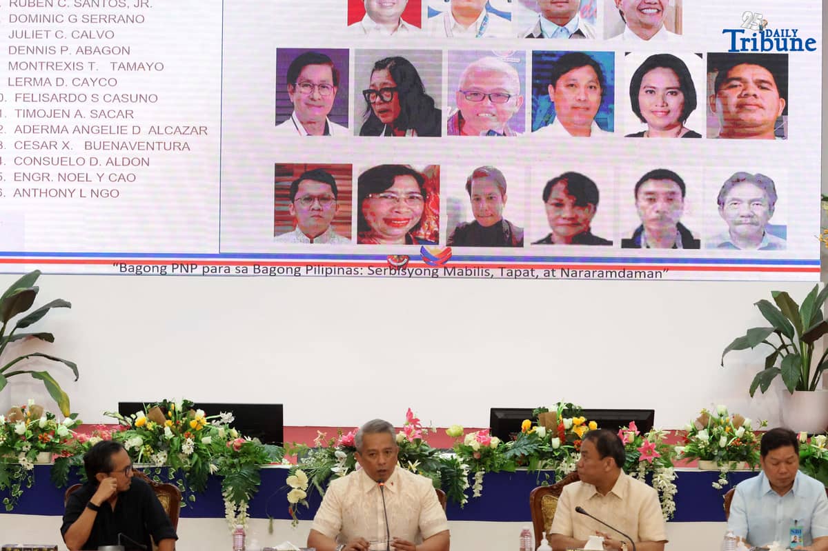 (November 24 2025) SILG Jovic Remulla along with PNP Chief Melencio Nartatez, DPWH Secretary Vince Dizon, DOJ Secretary Fredderick Vida, and NBI OIC Angelito Magno, shows a photo of the suspect involved in a flood control project during the press-conference held at Camp Crame in Quezon City on Monday November 24 2025, they also urged any other suspects to voluntarily surrender, warning that a manhunt could be initiated with uncertain outcomes for those who evade capture. Photo/Analy Labor