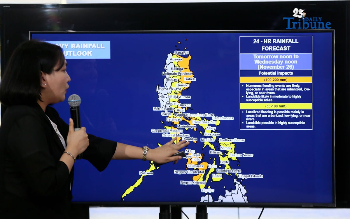 (November 24 2025) Philippine Atmospheric Geophysical and Astronomical Service Adminis (DOST-PAGASA) weather Specialist Grace Castañeda give an update of the Tropical Depression Verbena during the press-conference held at PAGASA office in Quezon City on Monday November 24 2025. The center of TD Verbena was estimated based on all available data at 205 km East Southeast of Surigao City, Surigao Del Norte, with maximum sustained winds of 45 km/h near center gustiness of up to 55km/h. Photo/Analy Labor