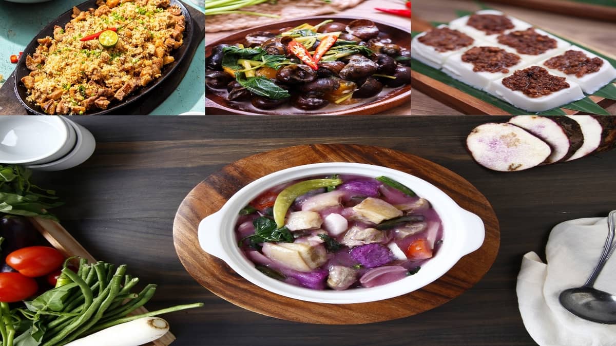 Kapampangan favorites on your table. House Crispy Sisig from Manam, Gatang Kohol and creamy Tibok-Tibok from Cabalen and Abé’s vibrant Sinigang sa Ube.
