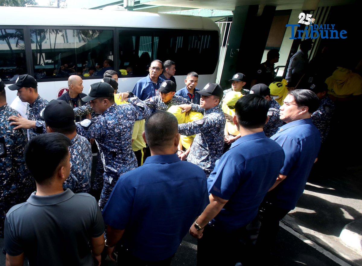 Personnel from the Bureau of Jail Management and Penology (BJMP) escorted the eight DPWH officials linked to the Oriental Mindoro flood control anomaly during their arraignment before the Sandiganbayan Fifth Division in Quezon City, where they entered a plea of not guilty to graft charges.