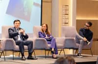 ‘The Philippines has a unique advantage: blockchain wallets are already mainstream,’ declares PDAX founder and CEO Nichel Gaba (left), as National Treasurer Sharon Almanza (center) and GCash head of Crypto and vice president Luis Buenaventura (right) listen. ‘We’re not starting from scratch. The infrastructure to deliver tokenized assets to millions of Filipinos already exists in their pockets.’ Currently, mobile wallets such as GCash and PDAX already offer tokenized financial instruments, allowing qualified users to invest with as little as P500.