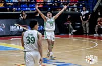 IAN Torres celebrates after lifting the Saint Benilde Blazers to a 74-72 win over the Mapua Cardinals in the quarterfinals of Season 101 NCAA men’s basketball tournament on Friday at the Filoil EcoOil Centre.