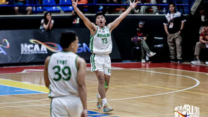 IAN Torres celebrates after lifting the Saint Benilde Blazers to a 74-72 win over the Mapua Cardinals in the quarterfinals of Season 101 NCAA men’s basketball tournament on Friday at the Filoil EcoOil Centre.