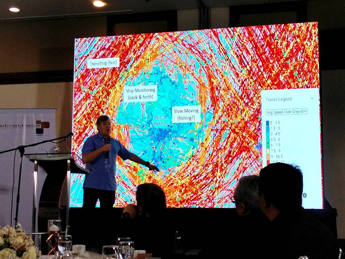 Satellite mapping tracks vessel activity. This slide shows that an alarming number of Chinese vessels are circling Bajo de Masinlor.