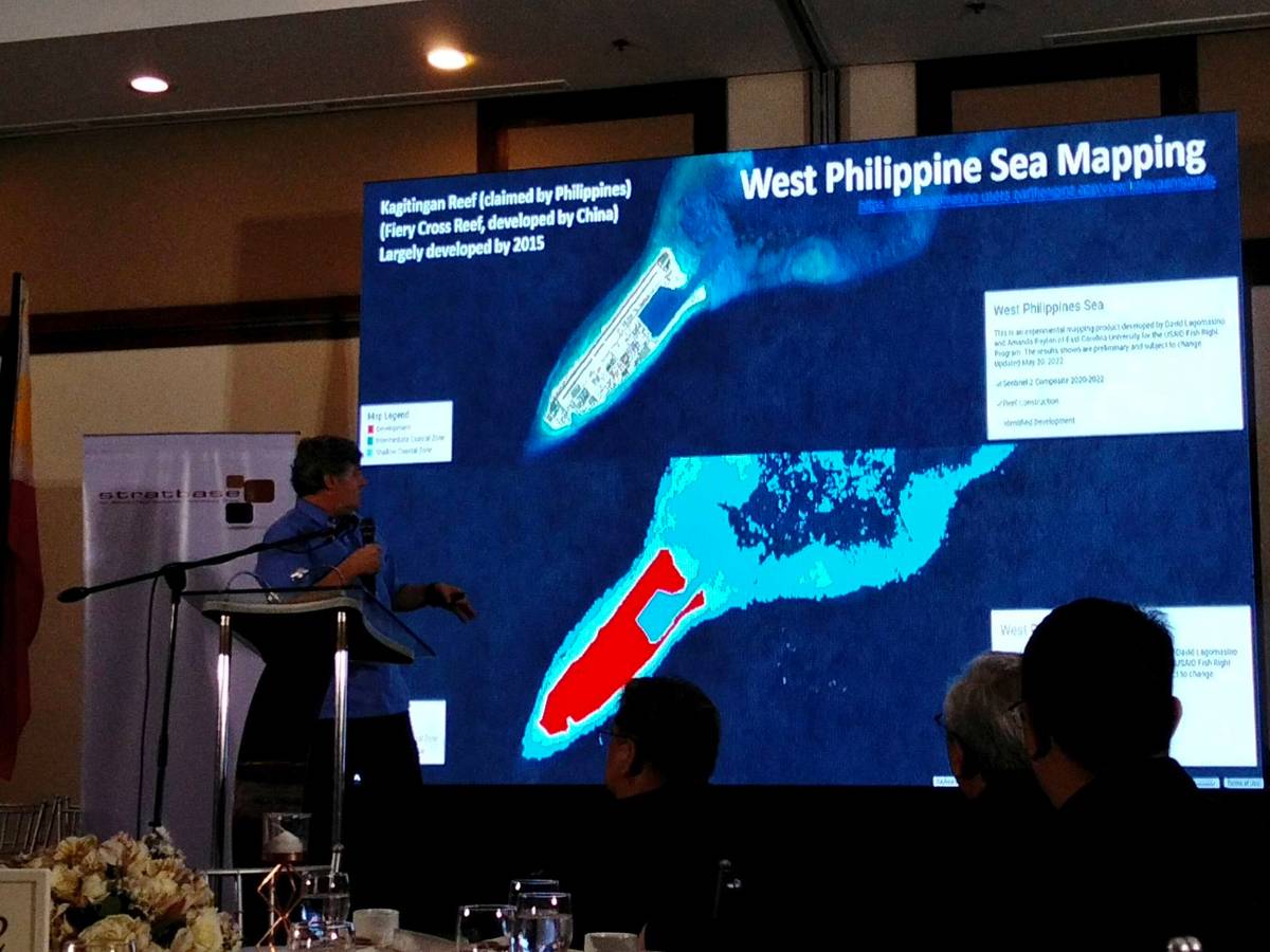 The Kagitingan Reef claimed by the Philippines shows developed Chinese activity through satellite mapping. The part highlighted in red is now a fully-developed Chinese base in Philippine territory.