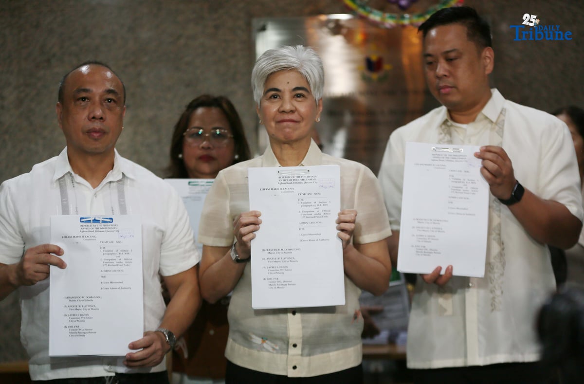 Former Liga ng mga Barangay–Manila president Dra. Leilani Marie H. Lacuna files criminal and administrative complaints before the Office of the Ombudsman on Tuesday, 2 December 2025, seeking preventive suspension of several city officials including Manila Mayor Francisco Domagoso and other newly elected Liga officers.