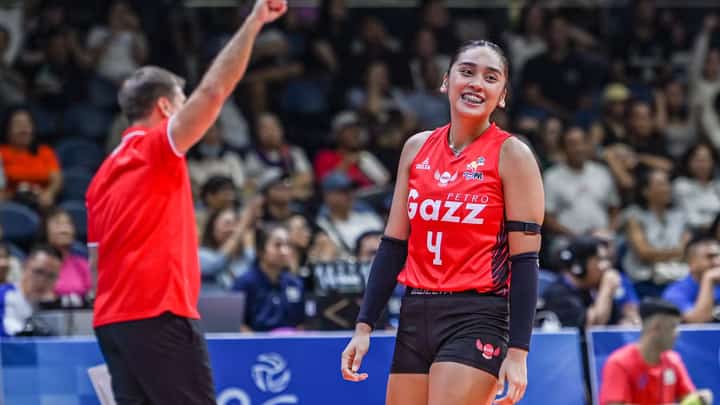 Petro Gazz rookie setter Jules Tolentino smiles during a win over Akari in the PVL Reinforced Conference semifinals.