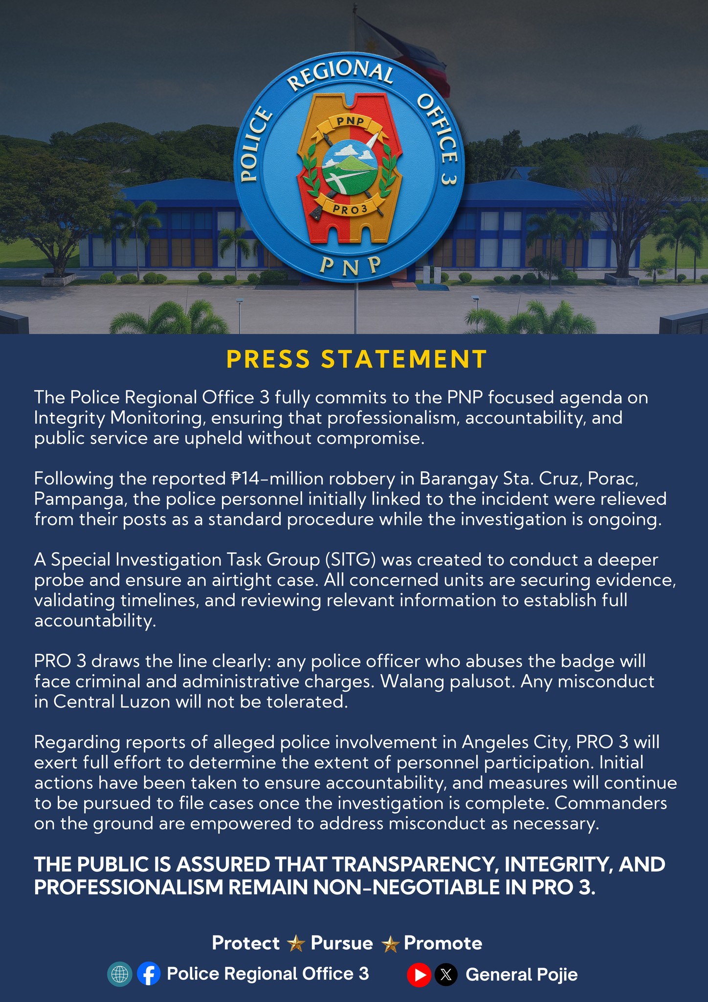 PRO3 relieves officers linked to P14-M Porac robbery