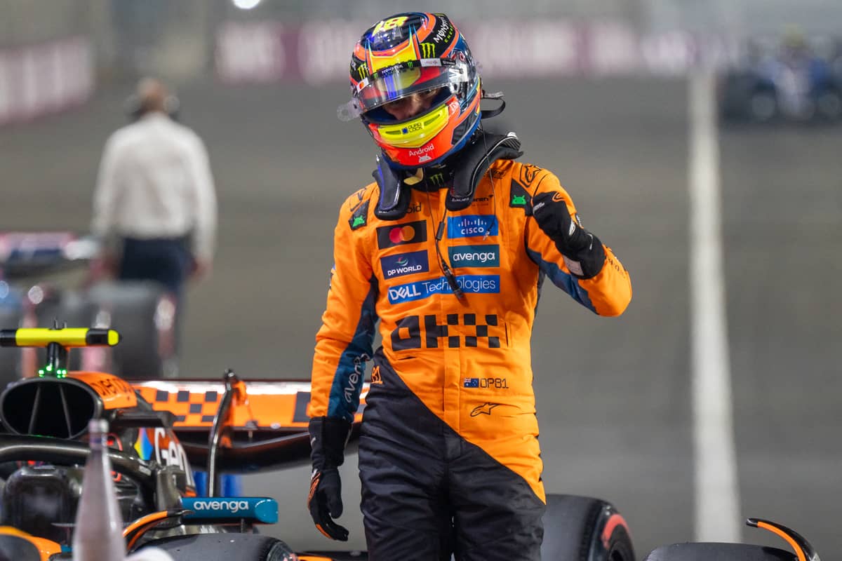PIASTRI celebrates after taking pole for McLaren at the Qatar Grand Prix.