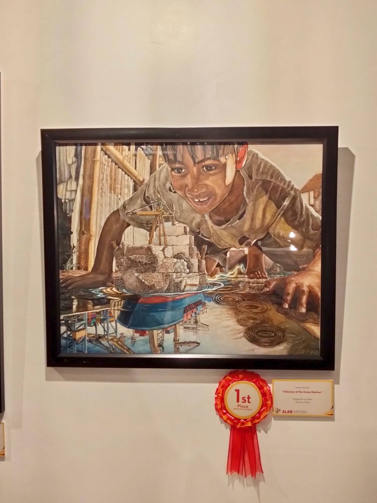 "Odyssey of the Scrap Mariner," by Jonnas Almazar, won first place in the Watercolour category. Almazar said the work was inspired by underprivileged children who make toy boats from scraps like styrofoam and plastic chip bags, noting that creativity continues to thrive even in poverty.